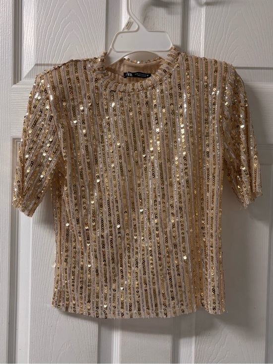 Zara Tops - Zara Silver and Gold Sequin Short Sleeve Tee with Shoulder Pads